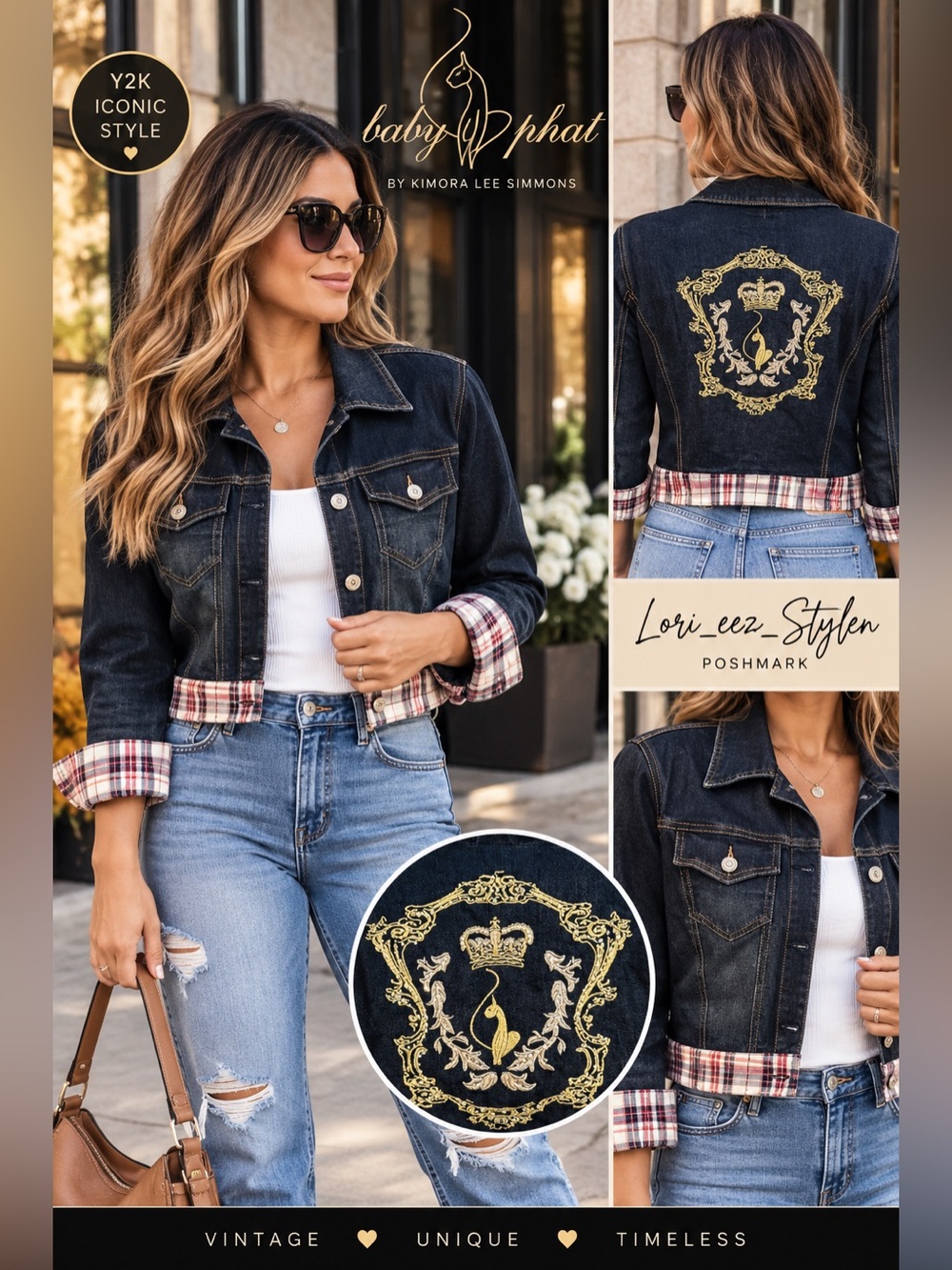 Baby Phat Dark Wash Denim Jacket with Gold Crest & Plaid Trim